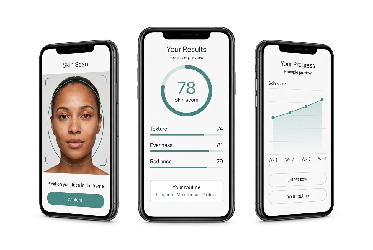 Twacha app showing three phone screens: Skin Scan with face detection, Results with a skin score of 78, and Progress tracking over 4 weeks